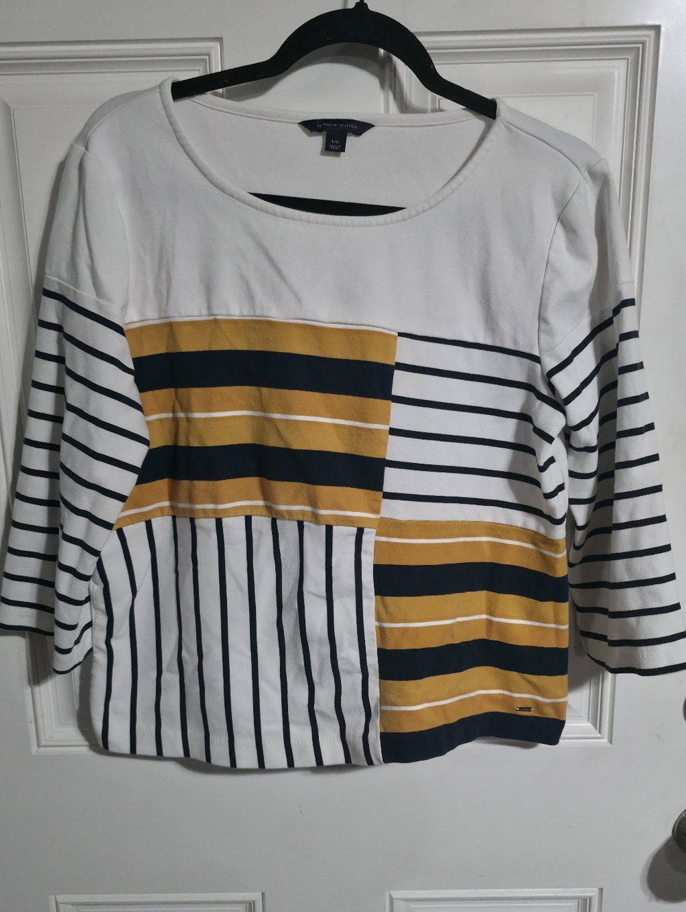 Tommy Hilfiger Women's White, Mustard & Navy Striped Long Sleeve Top Size Large